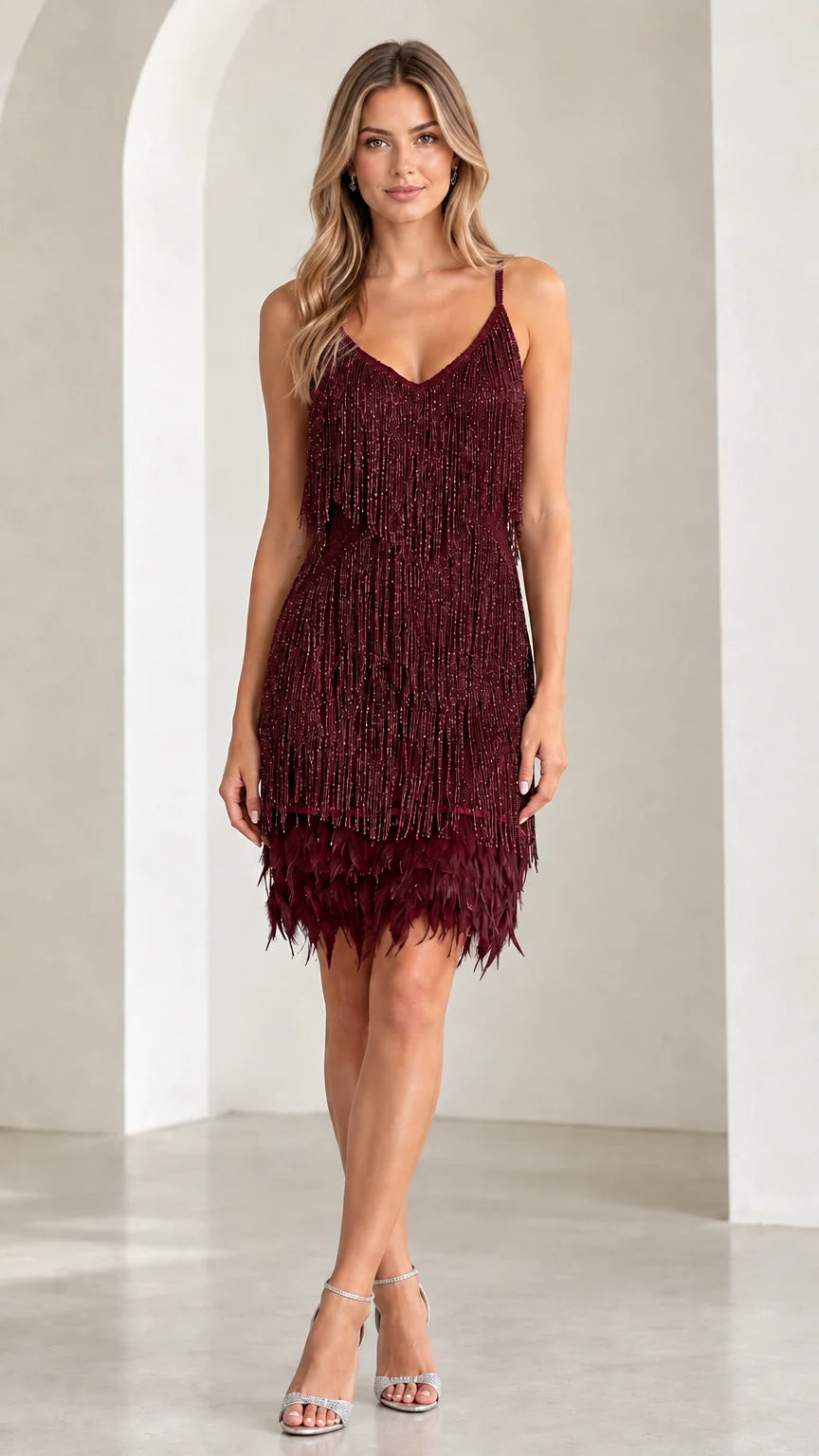 Front view of burgundy red fringe evening party dress