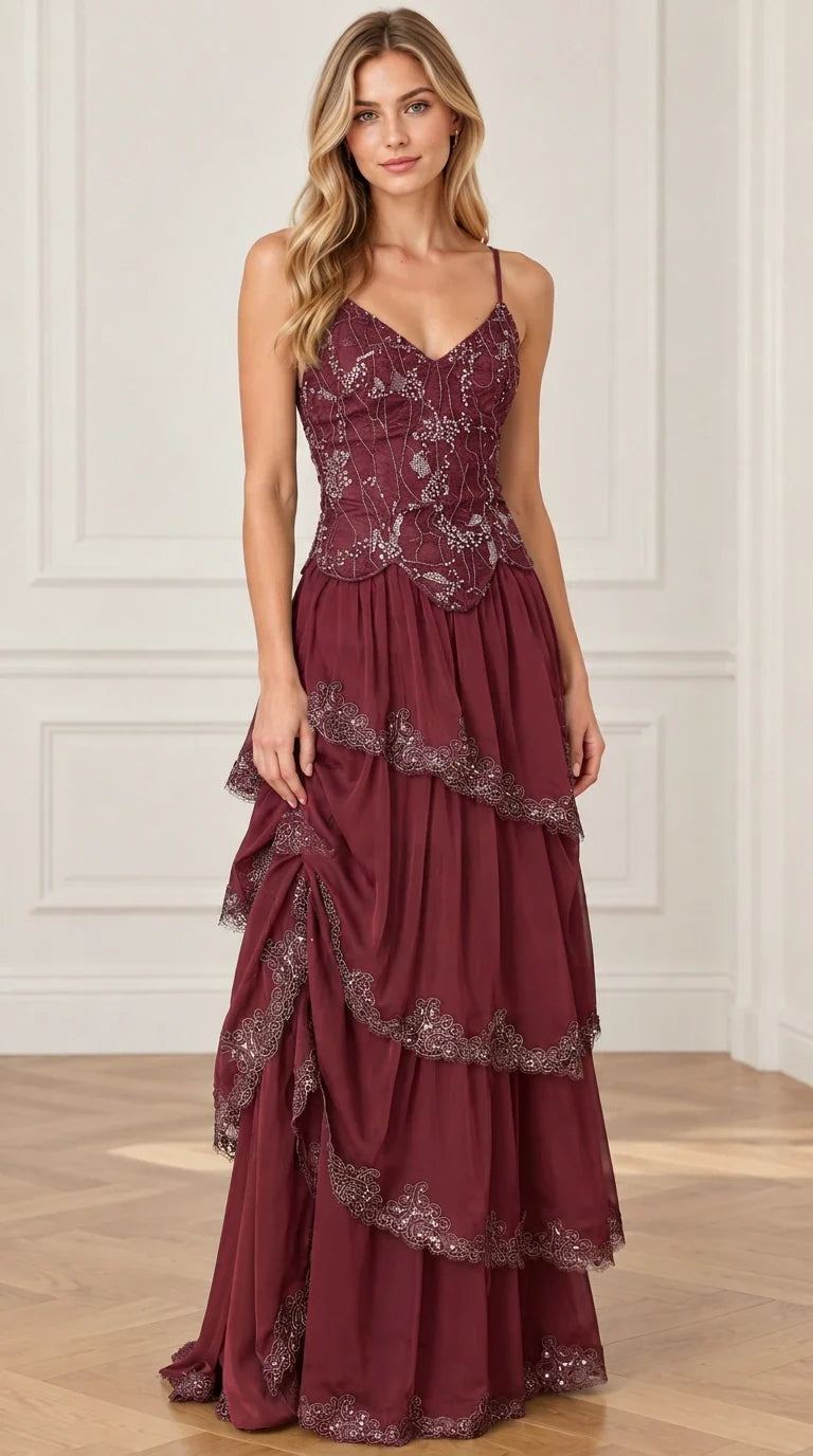 Burgundy wine red tiered formal maxi dress with sequin details