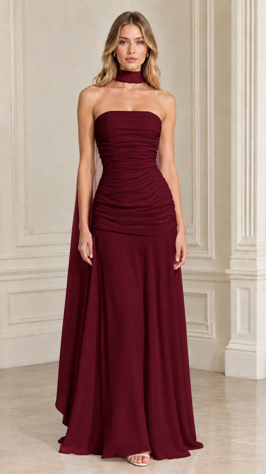 Burgundy wine red strapless ruched evening gown with matching neck wrap