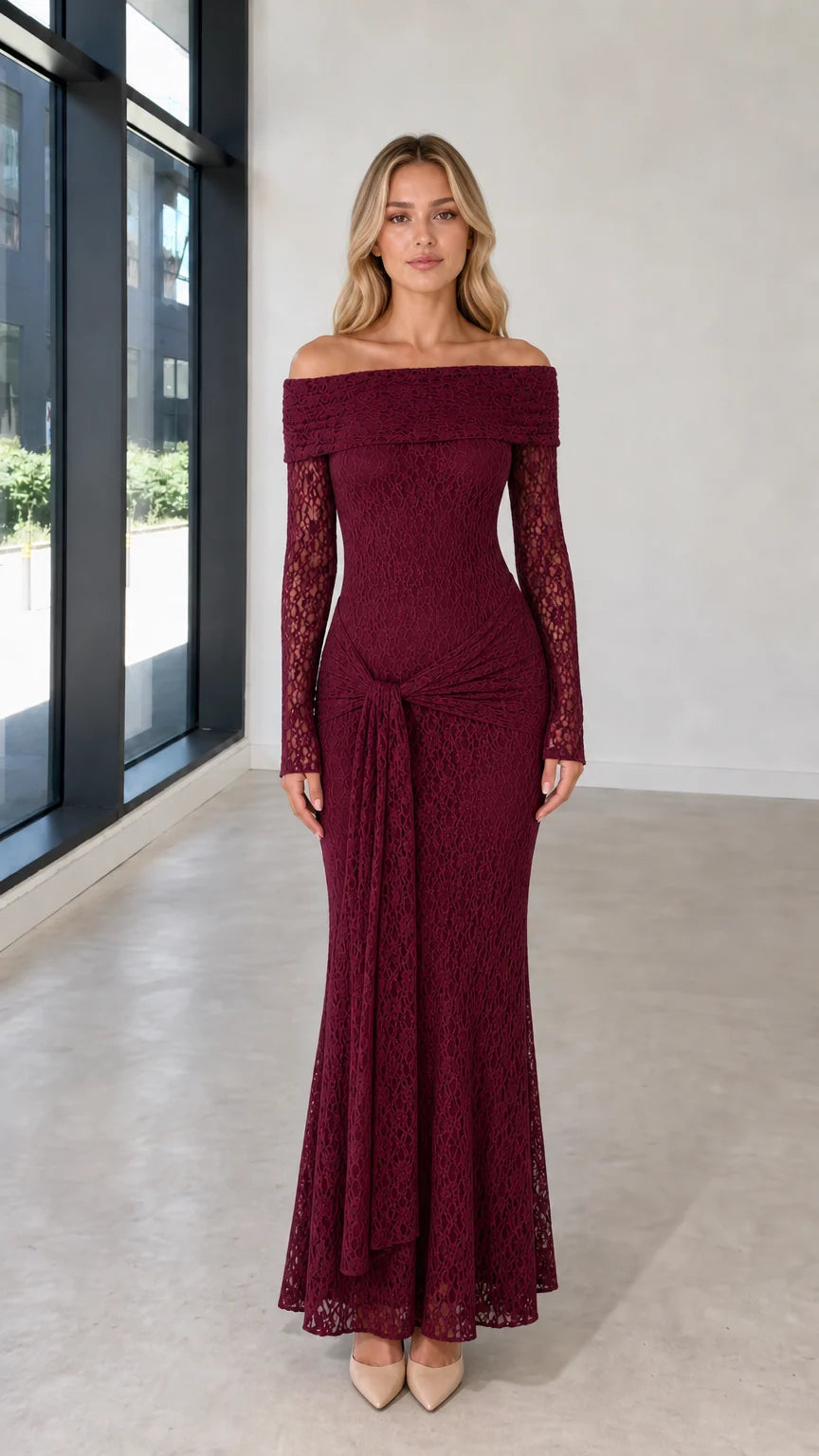 Full front view of model in burgundy lace evening dress