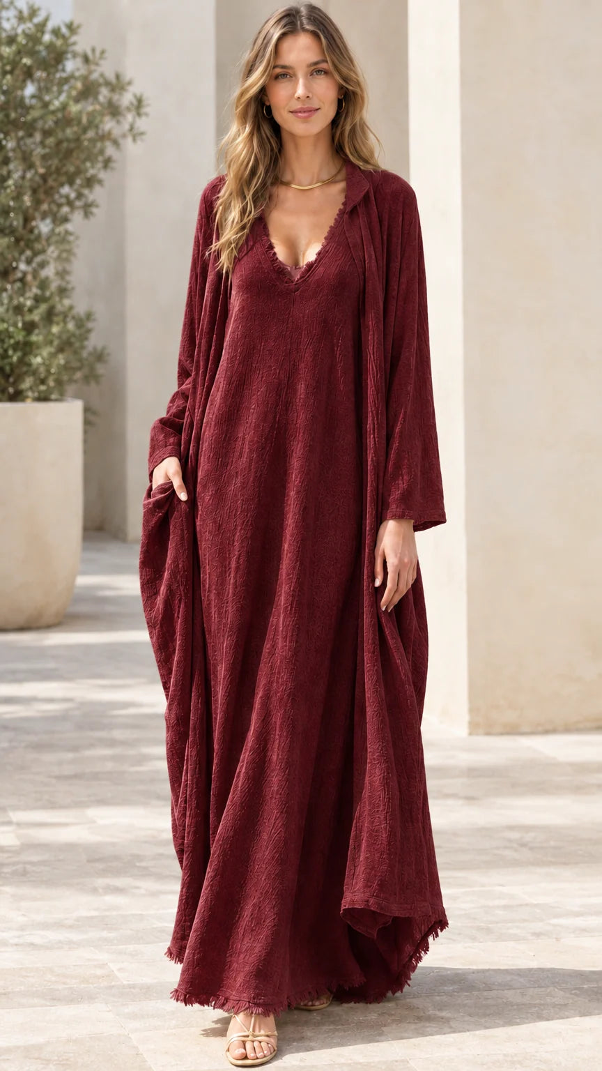 Women's 2-piece crinkle maxi dress and duster set in Burgundy
