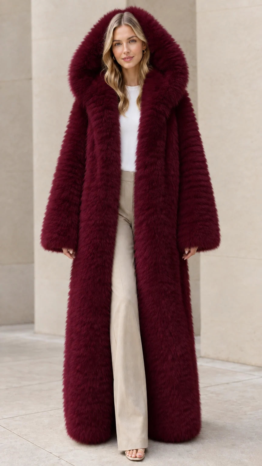 Women's burgundy wine red long hooded plush faux fur maxi coat