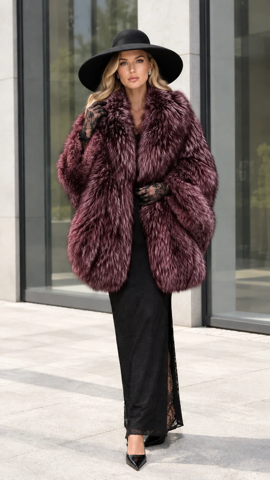 Full front view of model wearing Burgundy wine plush faux fur cocoon coat