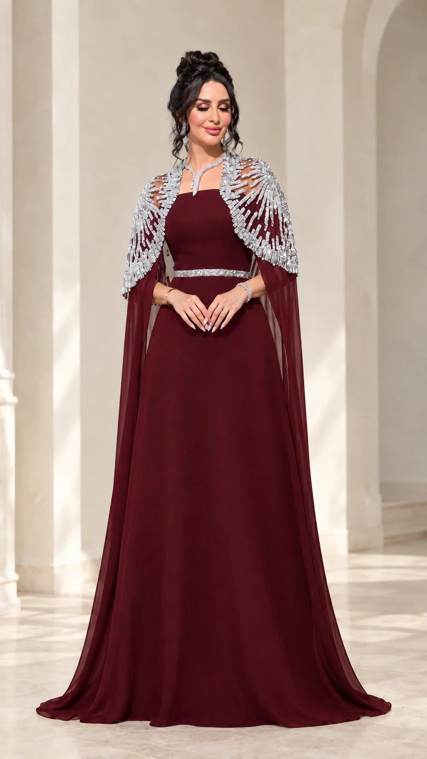 Burgundy wine formal evening dress with sparkling sequin capelet