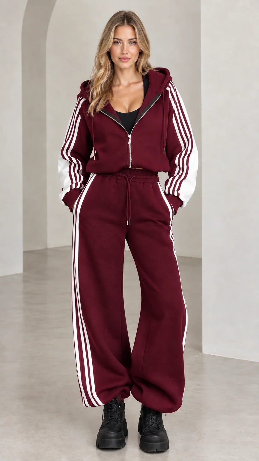 Front view of model wearing burgundy wine red two-piece striped tracksuit set