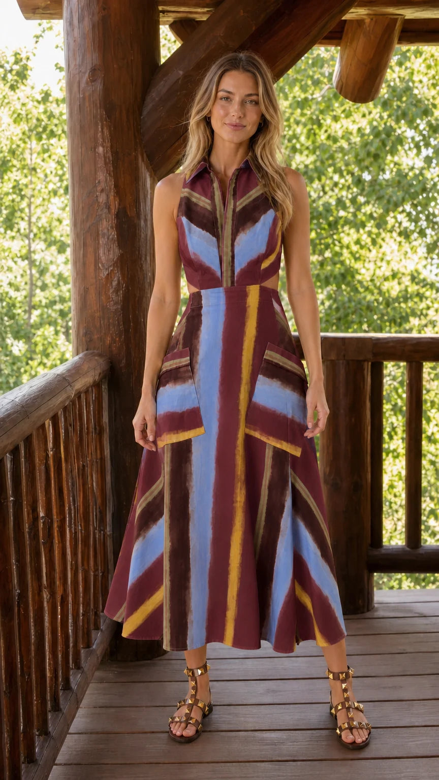 Front view of burgundy color variant of striped midi dress