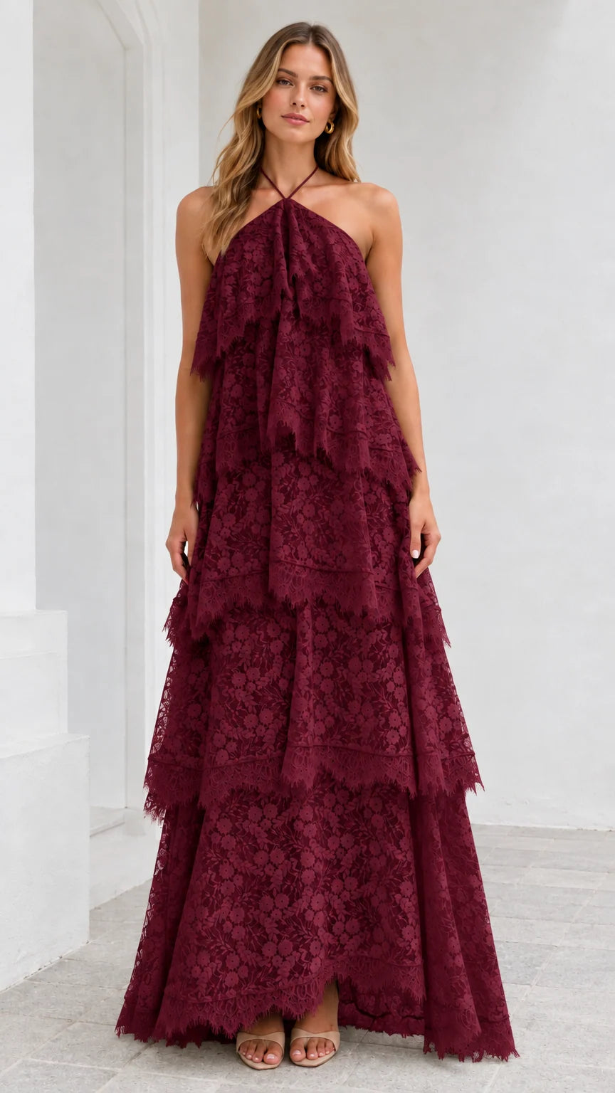 Full-length view of model wearing Burgundy wine tiered floral lace maxi dress