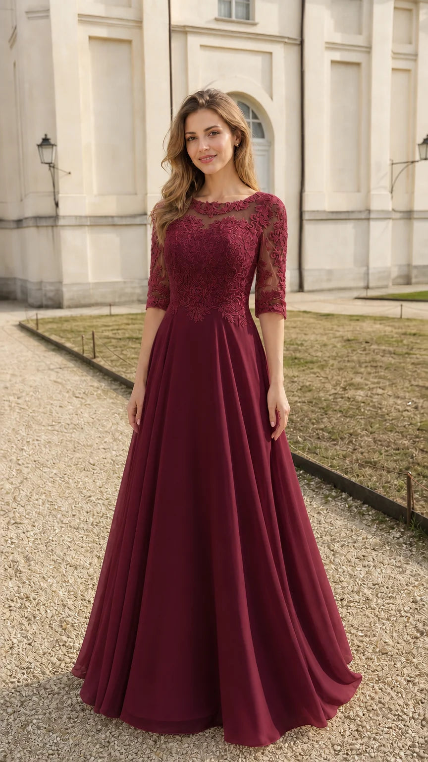 Front full view of burgundy lace evening dress