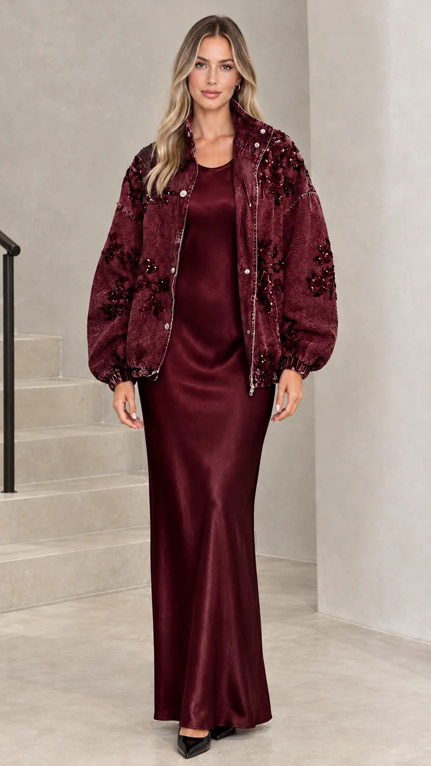 Burgundy floral sequin embellished denim jacket styled with a deep wine satin gown