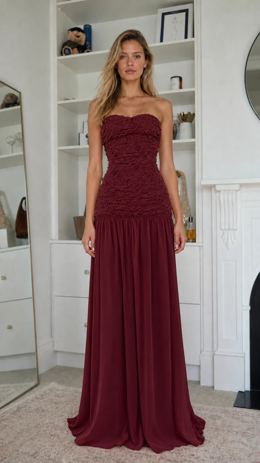Elegance Strapless Textured Bodice Chiffon Maxi Dress in Burgundy