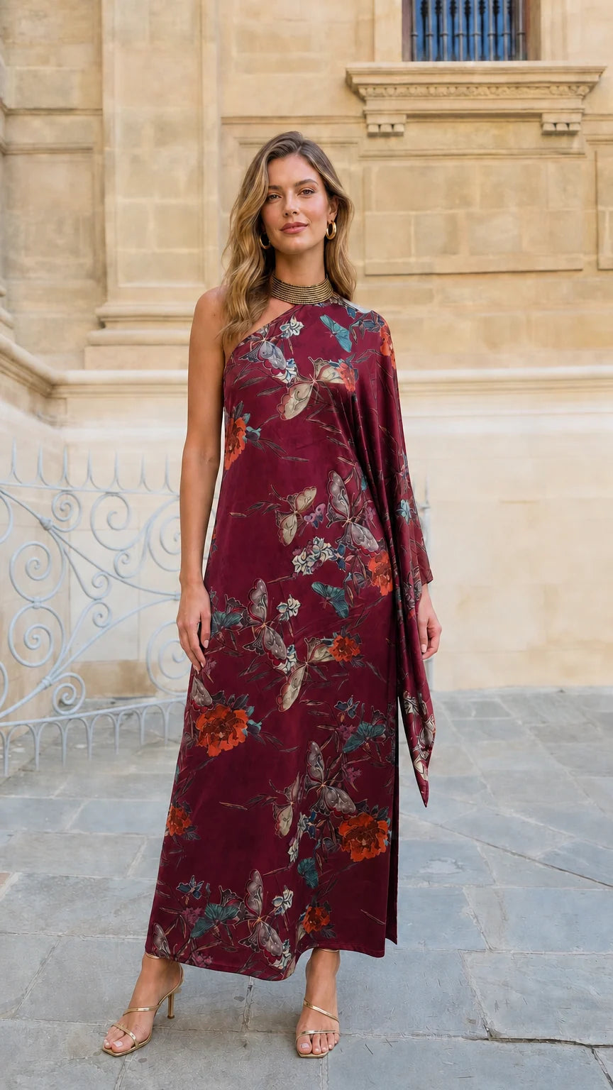 Front view of model wearing burgundy floral one-shoulder draped maxi dress