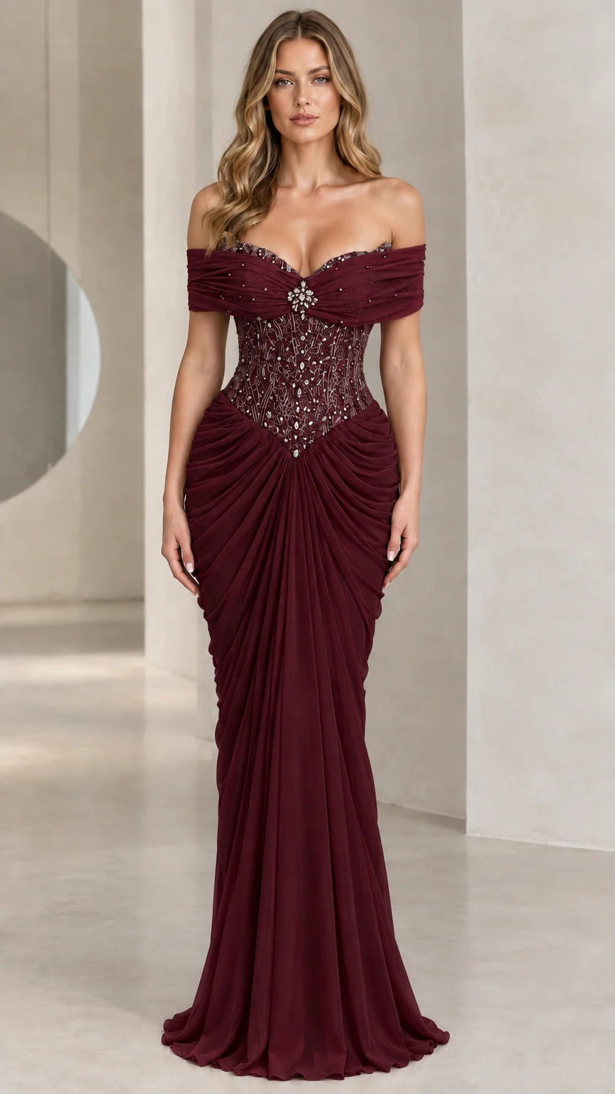 Burgundy wine off-the-shoulder beaded corset gown for formal occasions