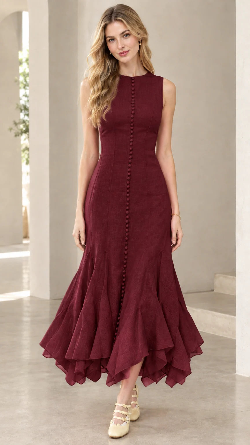 Full-length view of woman wearing burgundy sleeveless button-front mermaid midi dress