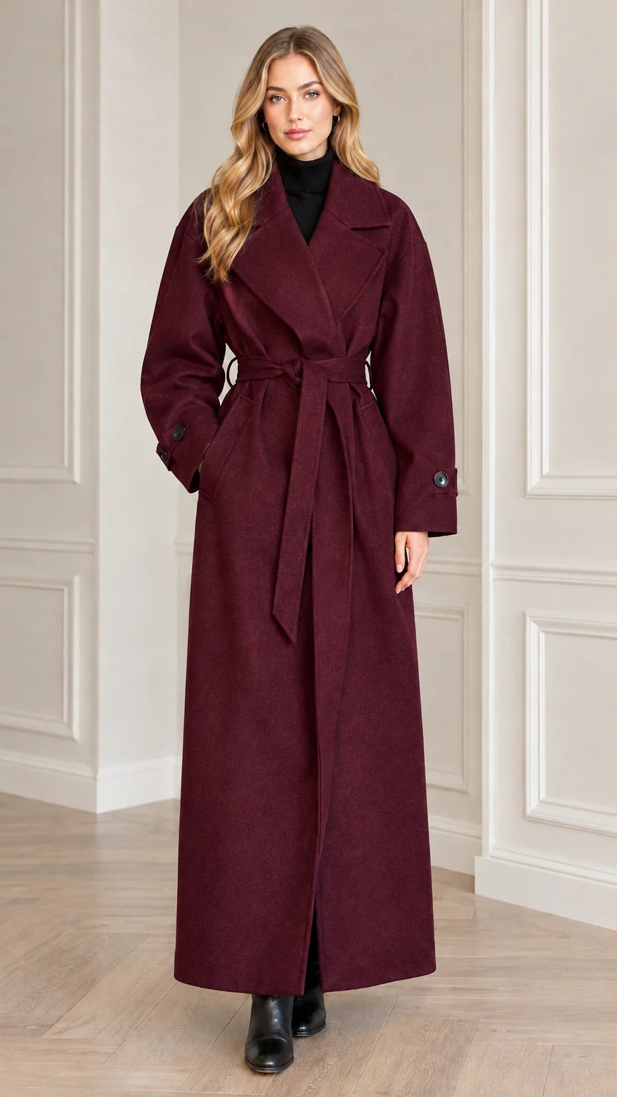 Model wearing burgundy long tailored wrap overcoat with waist belt