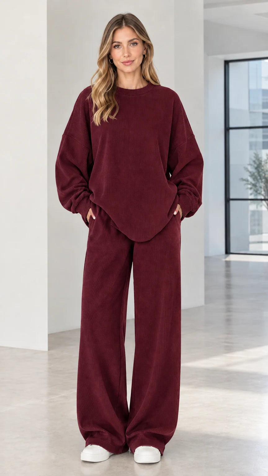Woman wearing burgundy red two-piece ribbed oversized loungewear set