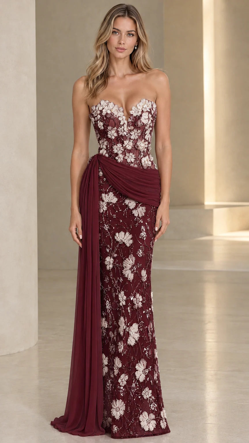 Full front view of burgundy wine strapless 3D floral embellished formal gown