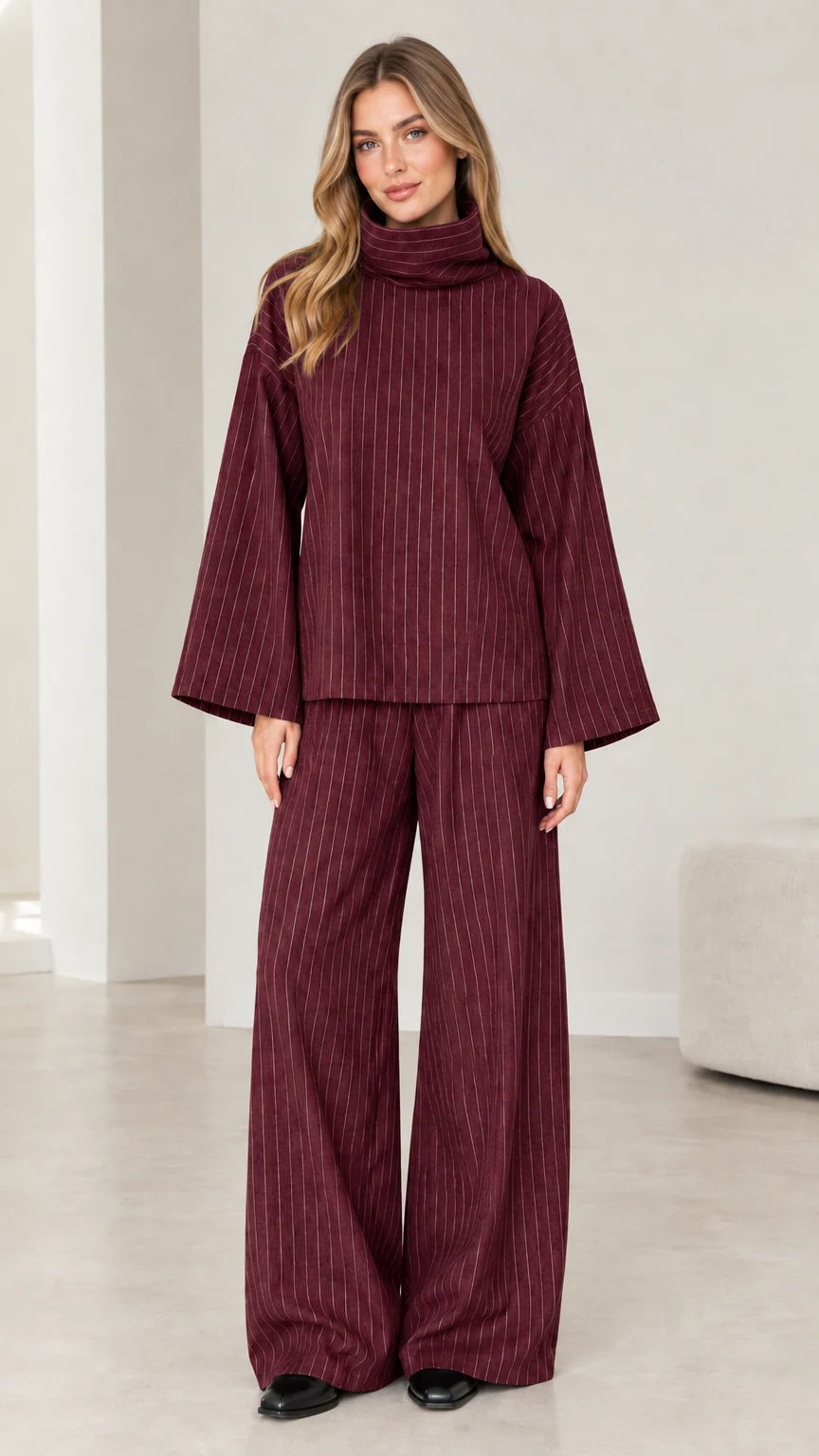 Woman wearing Burgundy wine pinstripe matching two-piece lounge set