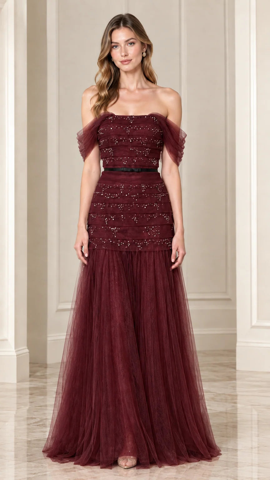 Full-length front view of burgundy wine off-the-shoulder beaded tulle evening gown