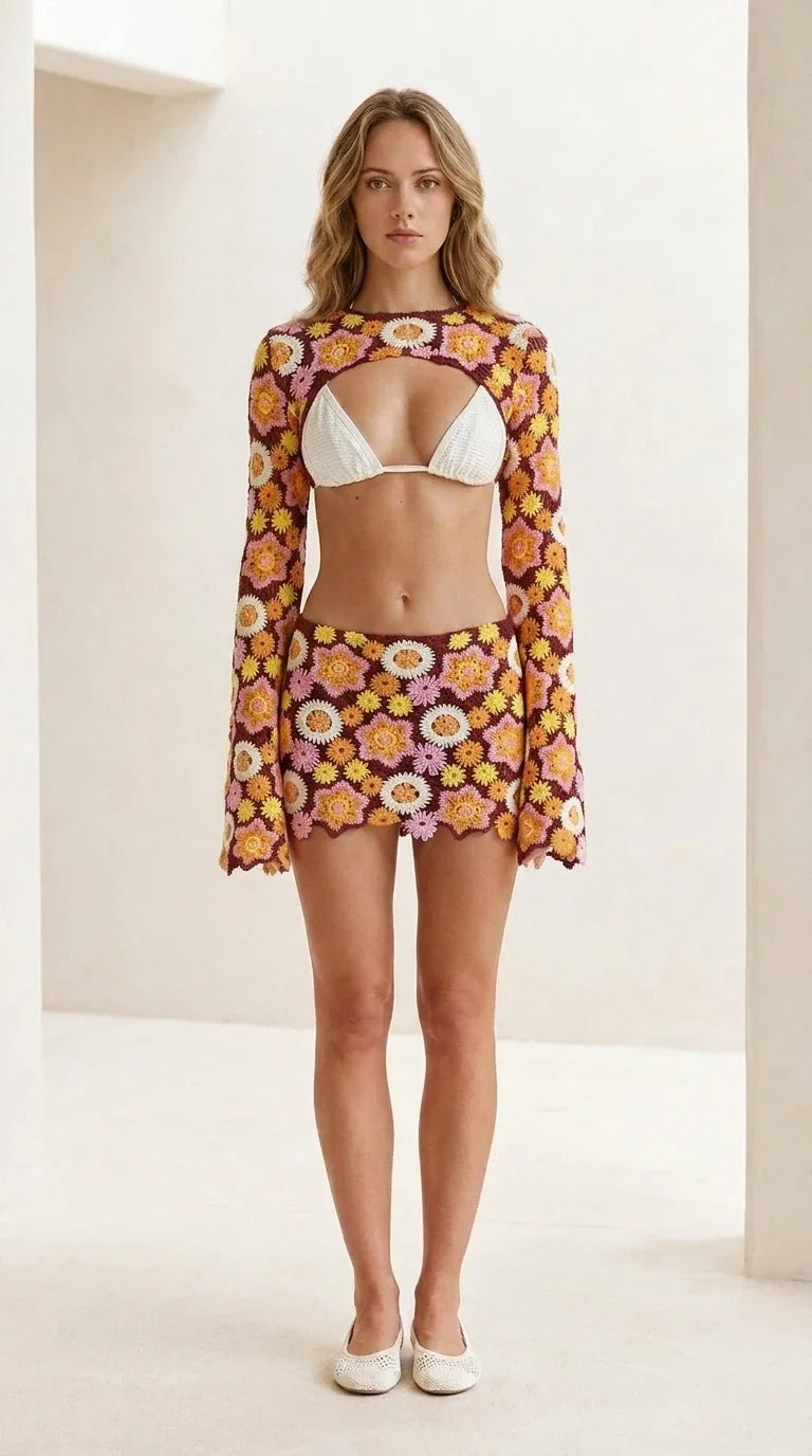 Front view of burgundy floral crochet set