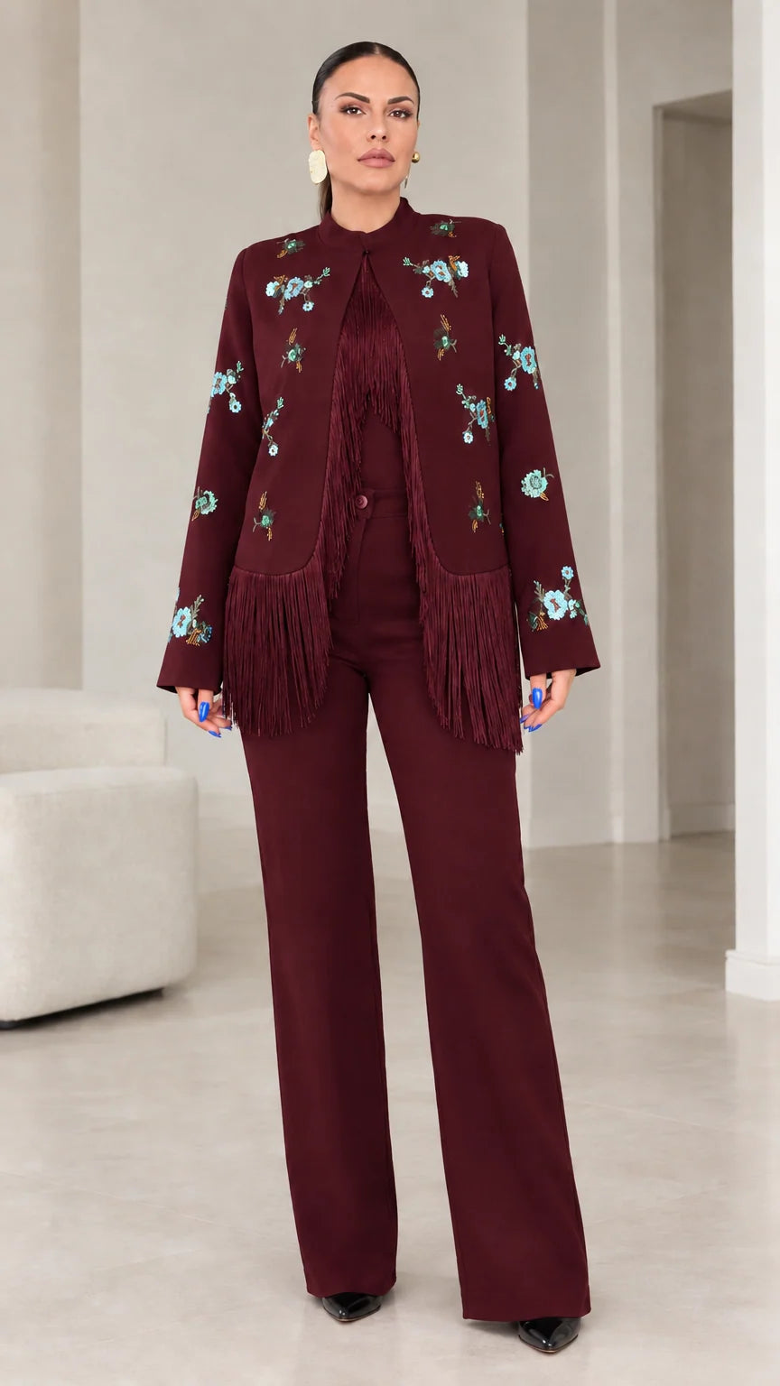 Burgundy wine red floral embroidered fringe jacket and tailored pant suit set