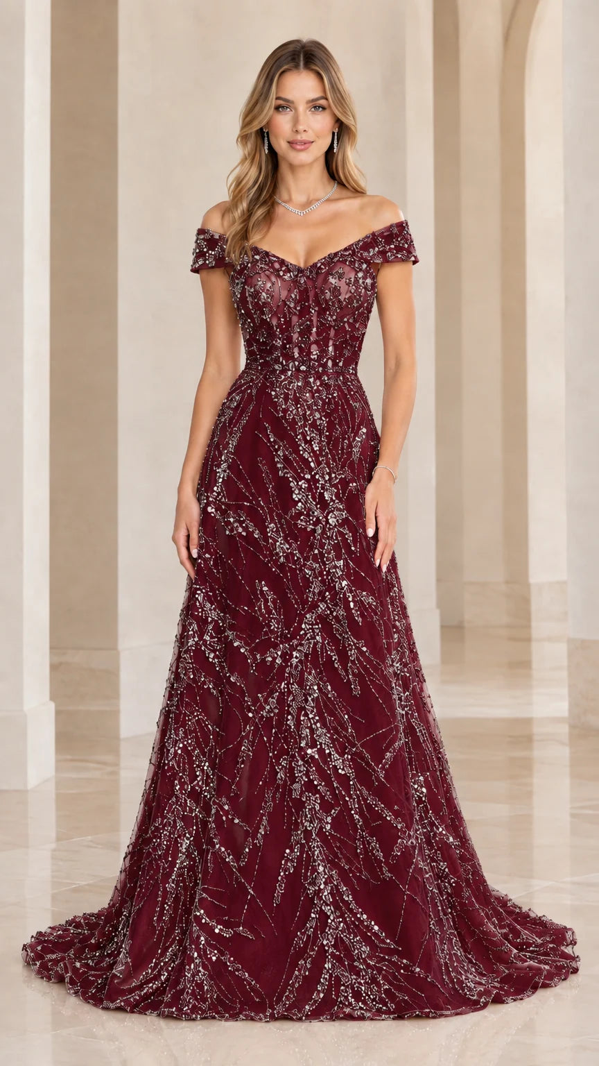 Front view of burgundy red off-the-shoulder beaded formal ball gown