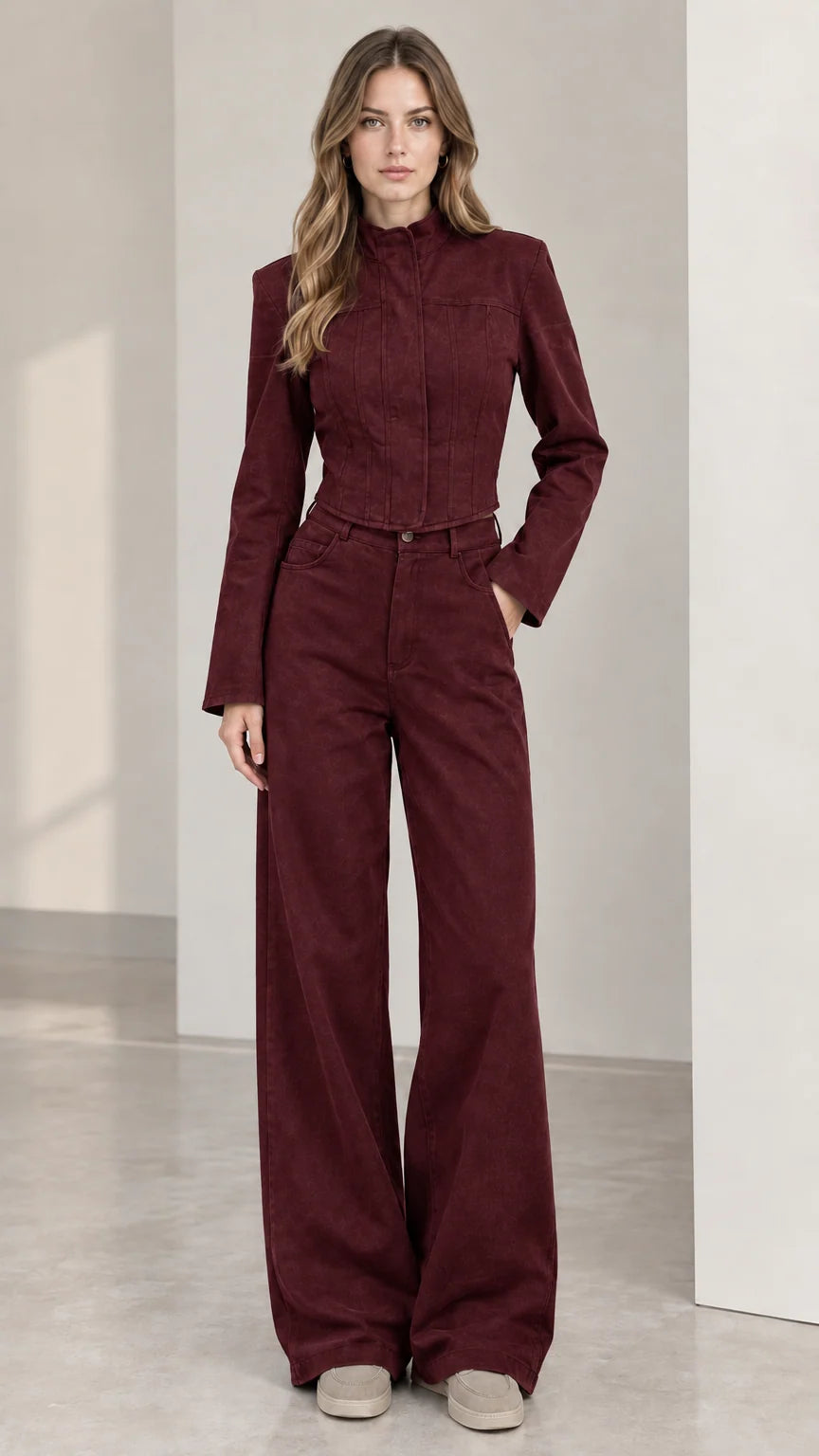 Full front view of women's burgundy cropped jacket and wide leg pants set