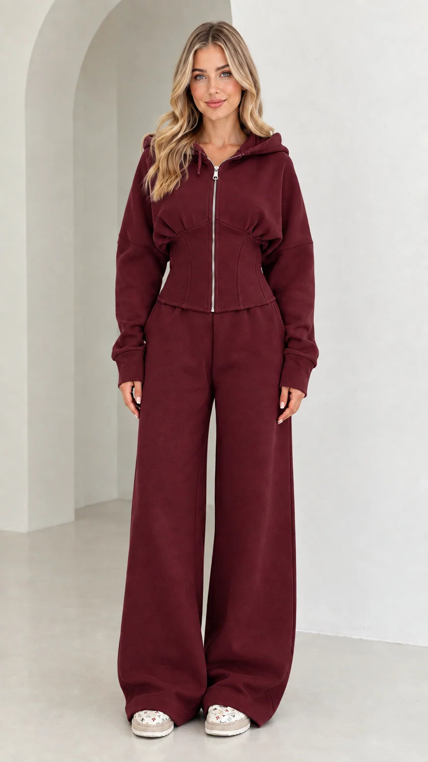Full-length view of women's corset hoodie and wide-leg sweatpants set in Burgundy