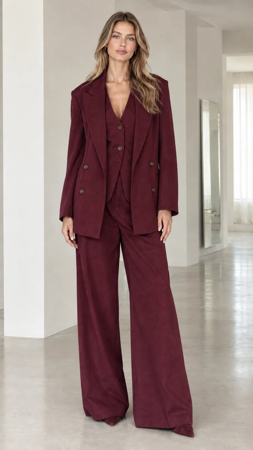 Full front view of rich burgundy wine women's 3-piece tailored suit set