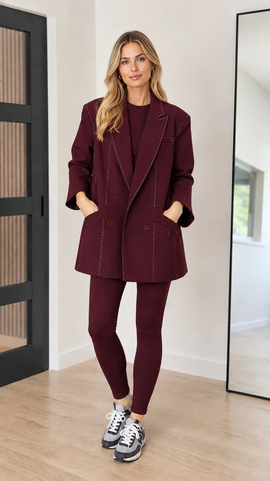 Front view of model wearing burgundy contrast stitch tailored blazer