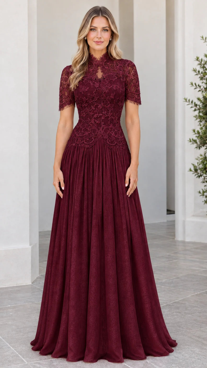 Model wearing Burgundy red lace bodice floor-length chiffon evening dress