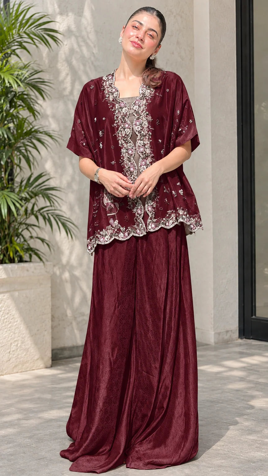 Burgundy wine embroidered party pant set for women