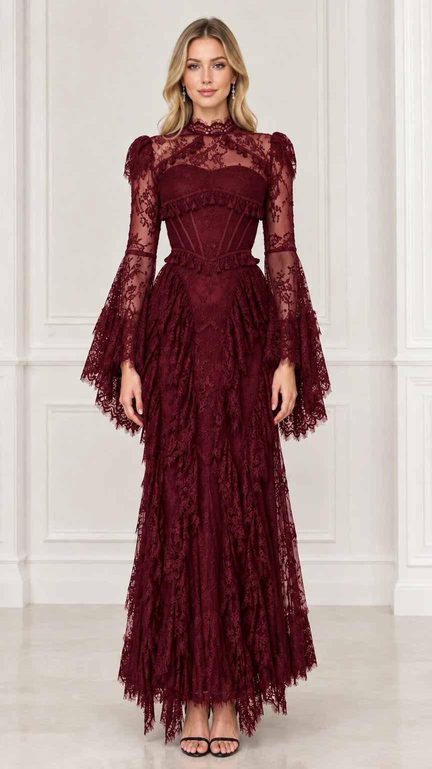 Burgundy red formal lace maxi dress with fringe detail and flared sleeves
