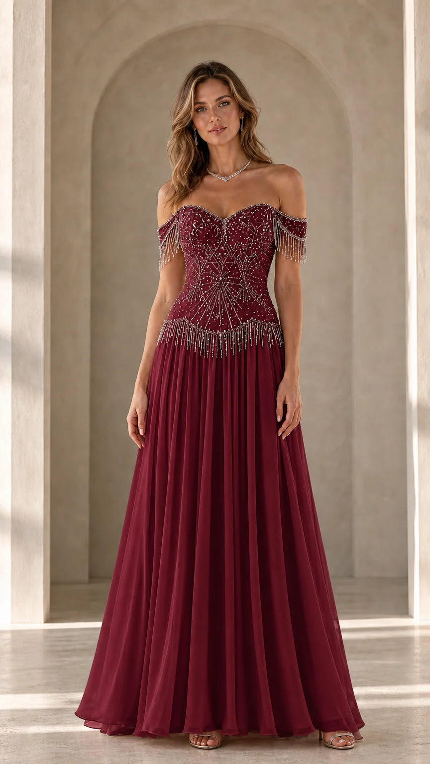 Model wearing burgundy variant of the off-the-shoulder beaded evening gown
