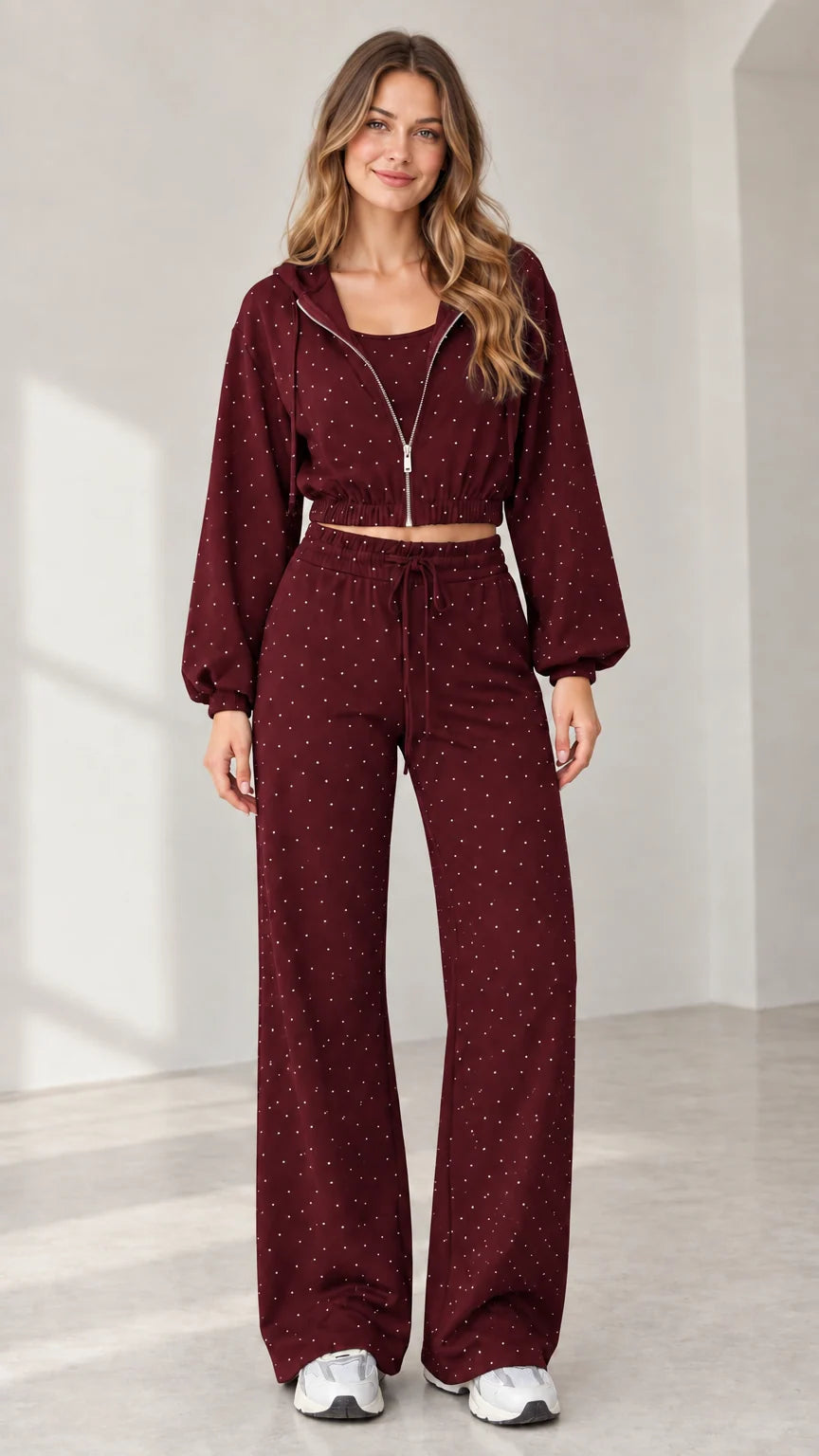 Full front view of model wearing burgundy rhinestone 3-piece lounge set