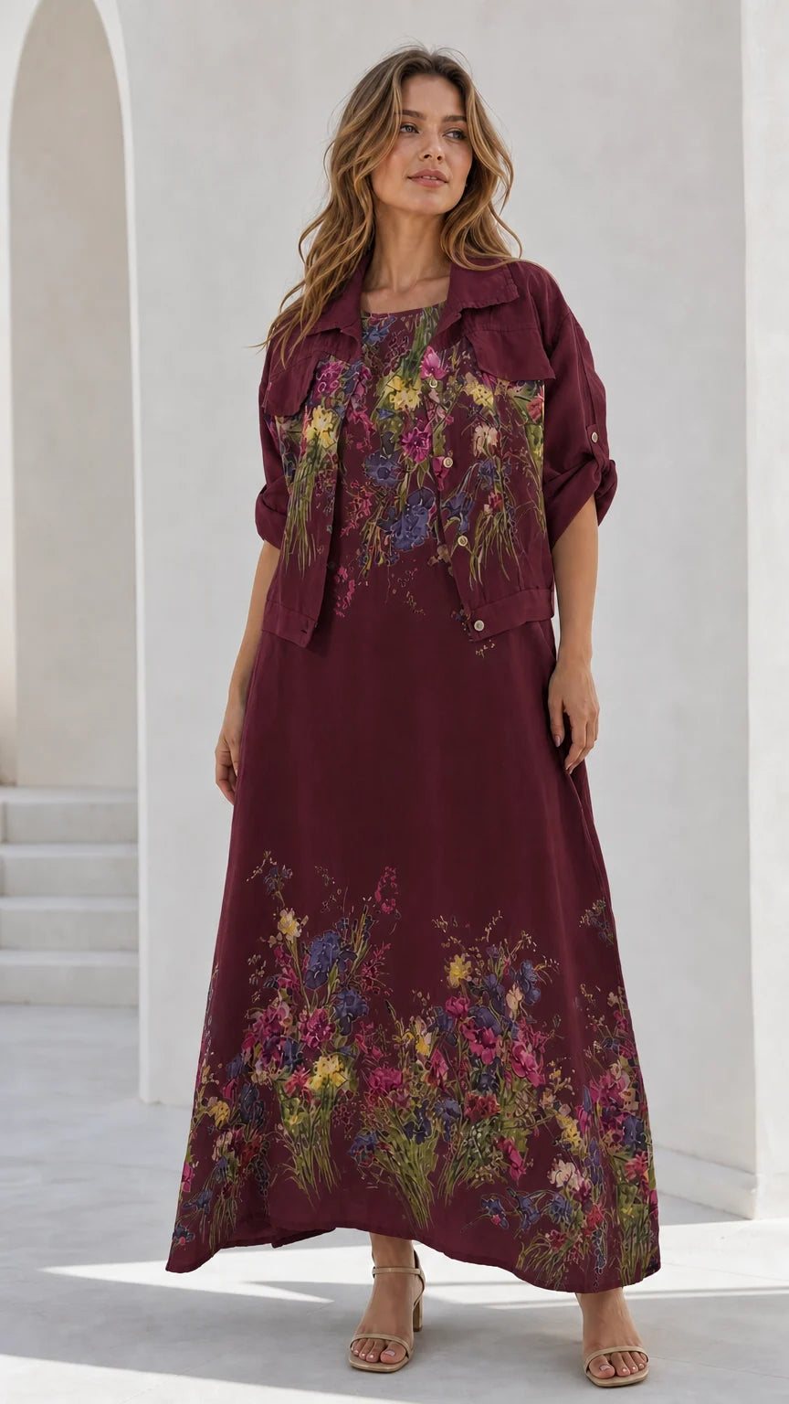 Women's burgundy wine floral maxi dress and cropped jacket set