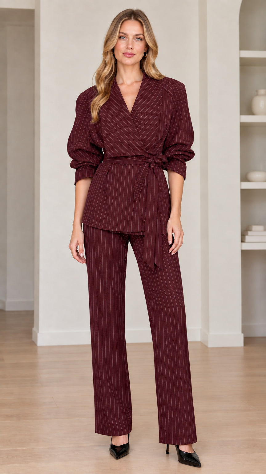Full view of women's burgundy wine pinstripe wrap pant suit set