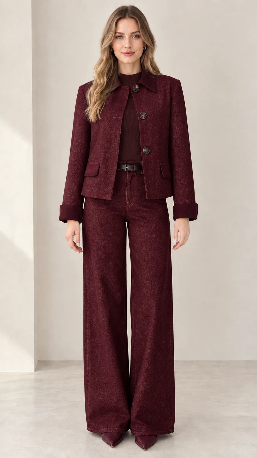 Model wearing Burgundy wine red denim jacket and wide-leg pant set