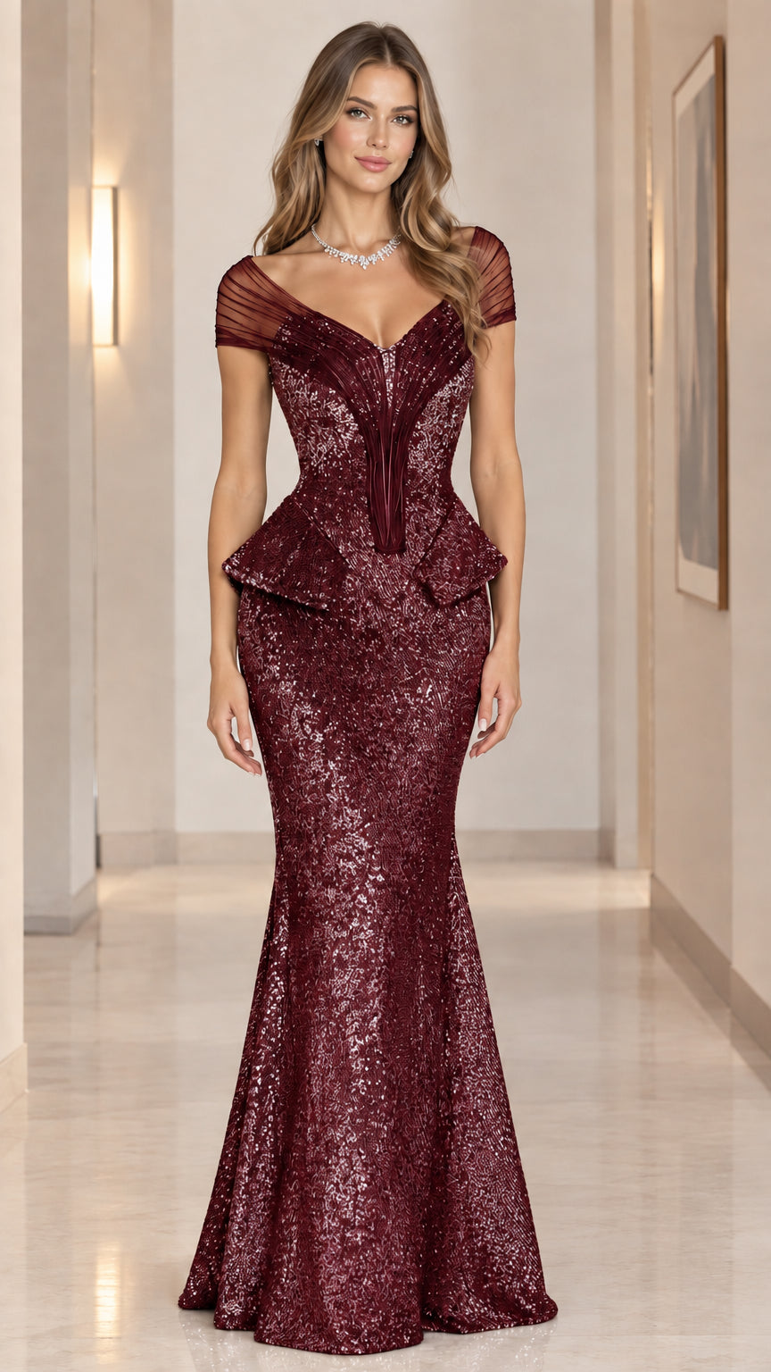 Model wearing burgundy wine sequin peplum mermaid gown