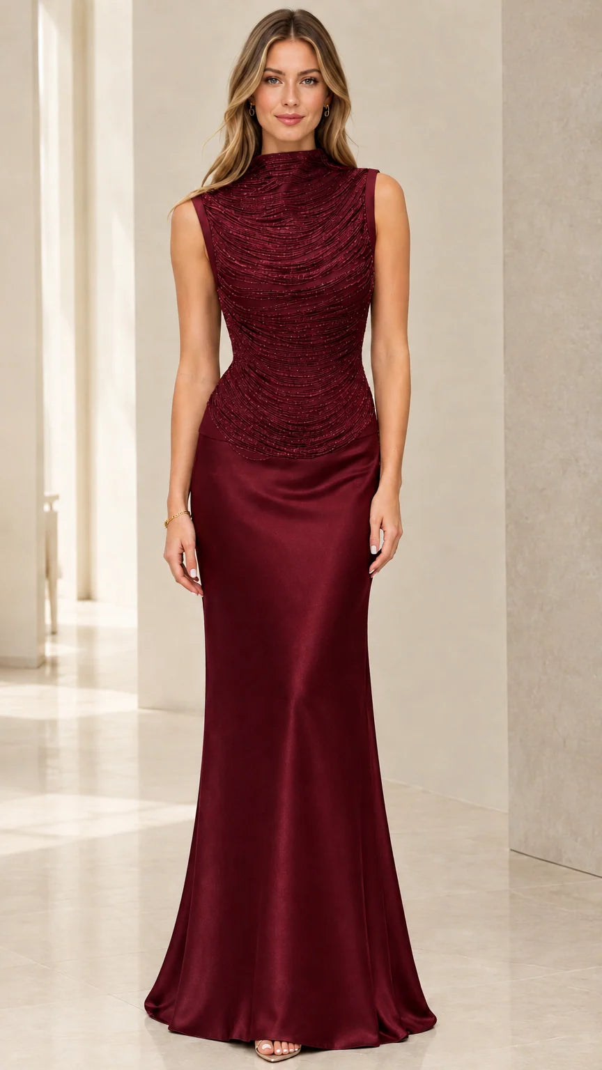 Front view of burgundy red high neck formal satin maxi dress
