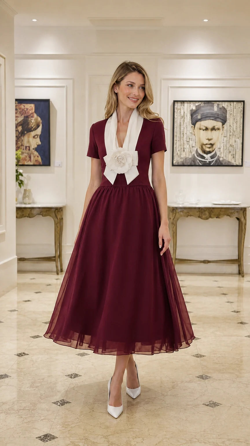 Front full view of Burgundy tulle midi dress