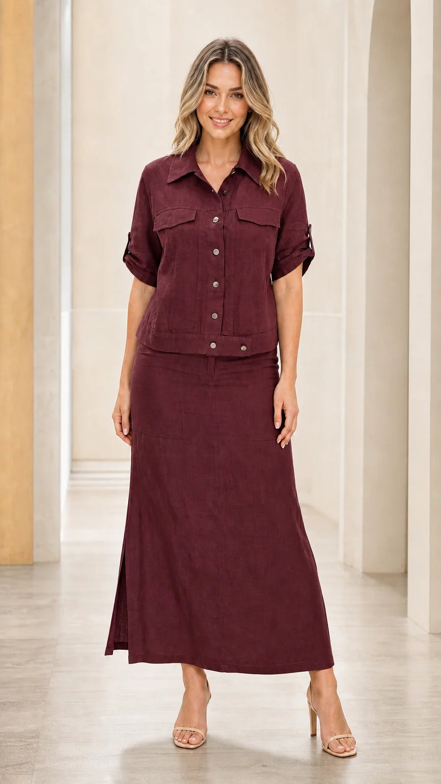 Front view of woman wearing burgundy two-piece set