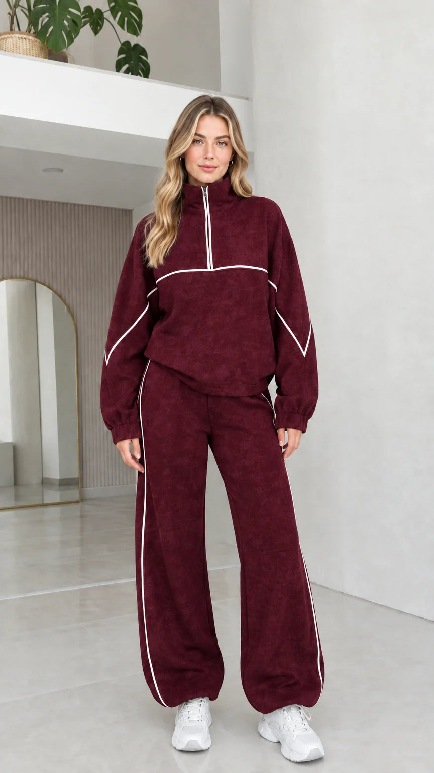 Burgundy wine red women's quarter zip fleece tracksuit set