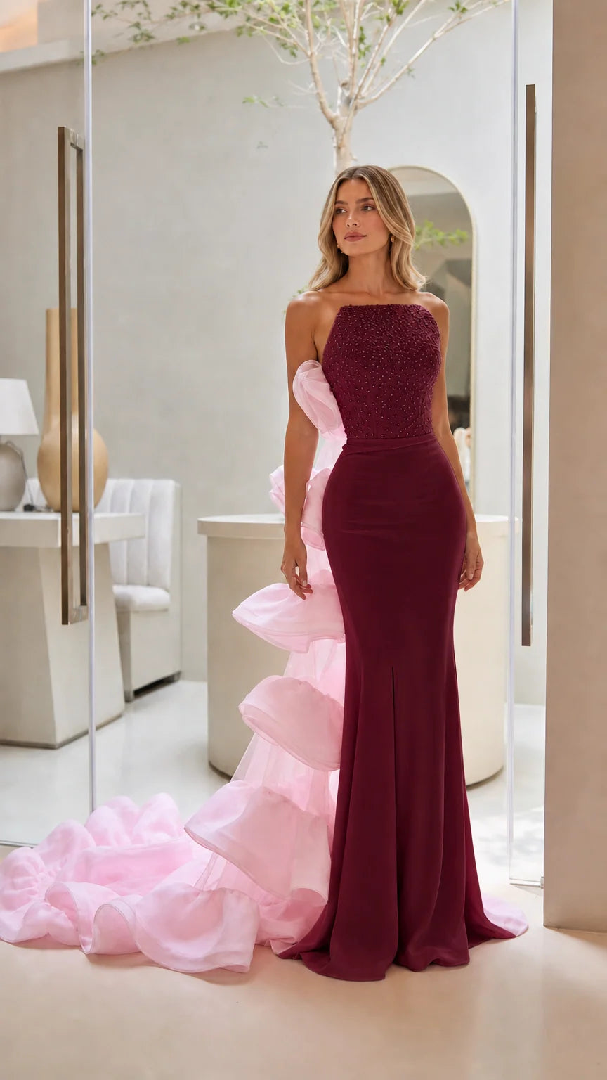 Burgundy color variant of the sequin evening gown