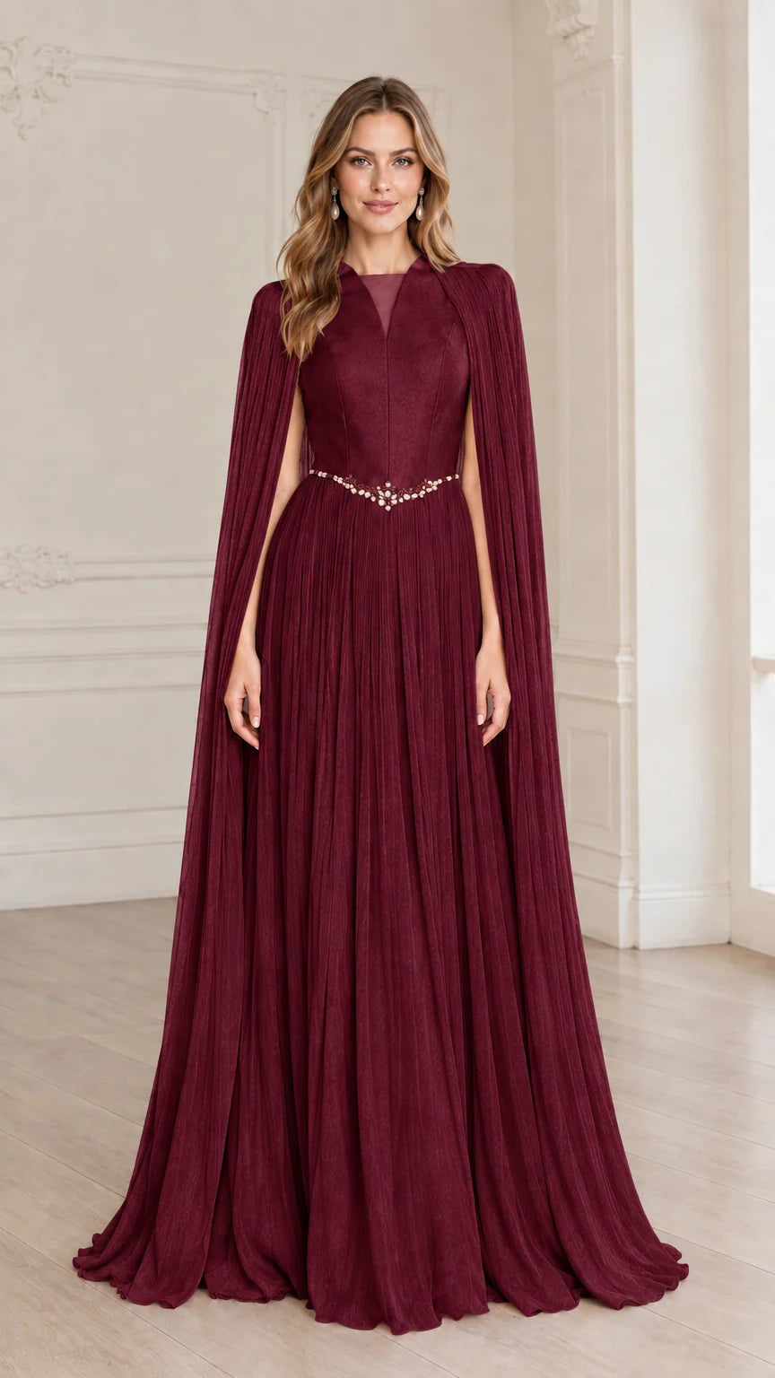 Full-length burgundy wine pleated cape sleeve evening gown