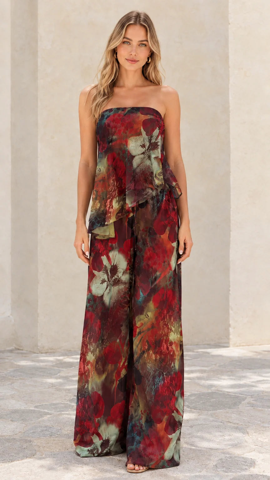 Front view of burgundy multi floral strapless tiered wide-leg two-piece set