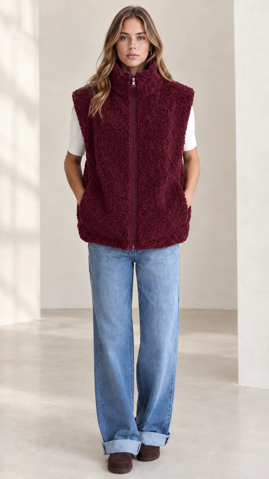 Front view of woman wearing burgundy sherpa fleece zip-up vest