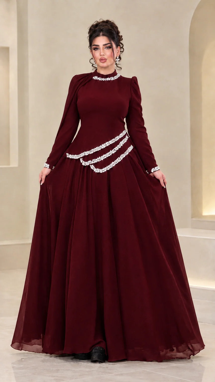 Front view of model wearing burgundy wine long sleeve chiffon evening dress