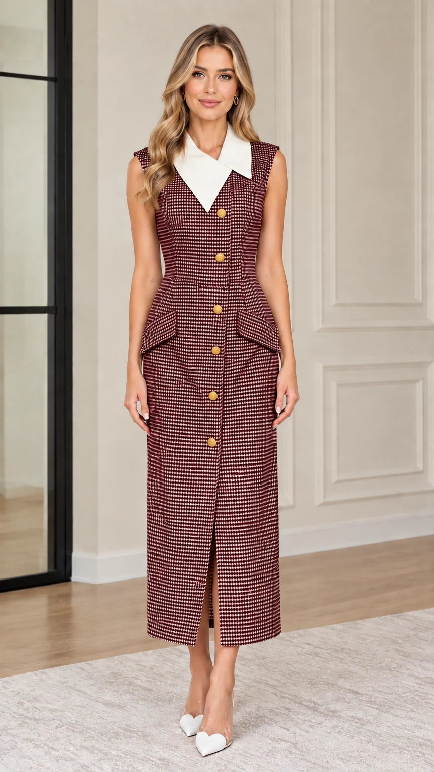 Model wearing burgundy houndstooth sleeveless midi dress with white contrast collar