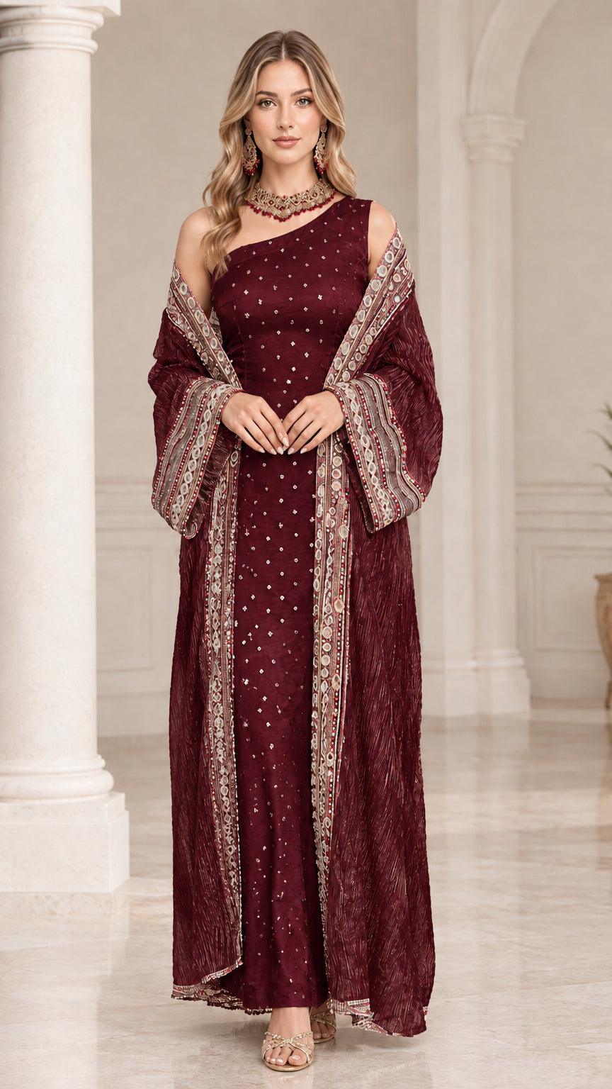 Burgundy wine red one-shoulder formal dress and embroidered coat set