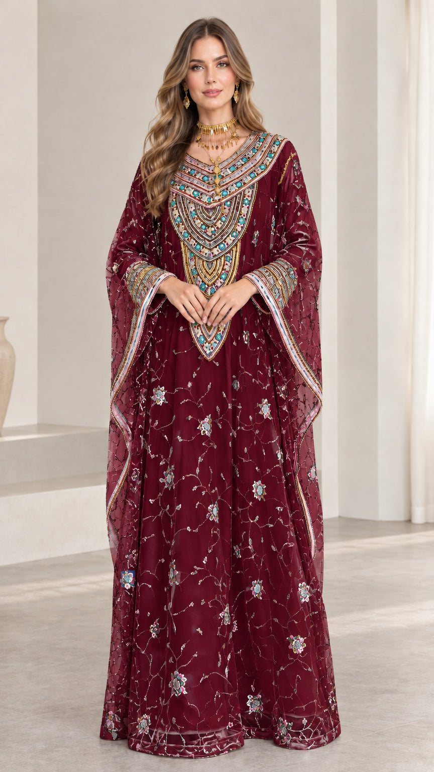 Front full-length view of woman wearing burgundy wine embroidered kaftan dress